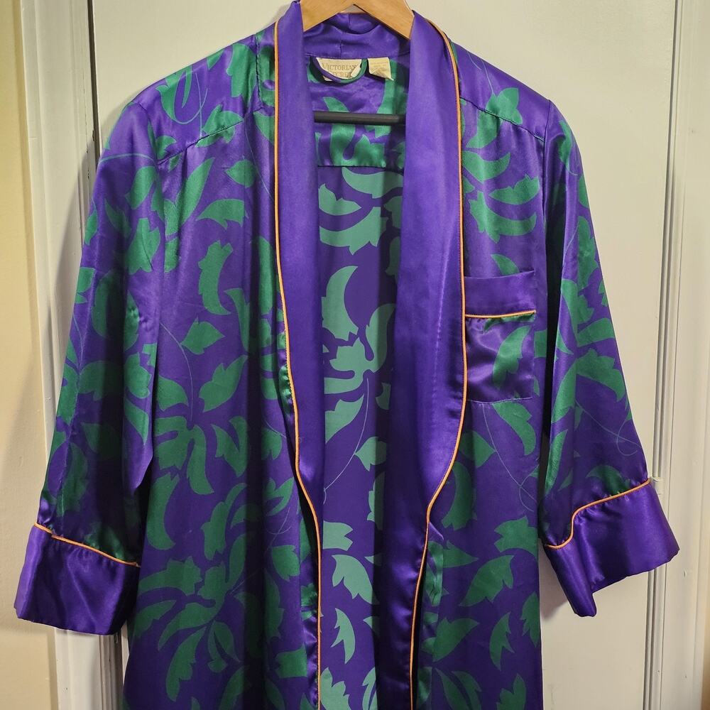 VTG 90s Victoria's Secret Gold Label Green Purple Floral Gold Piping Robe Sz P/S